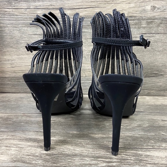 NEW Black Fringe Open Toe Stiletto Heels - Picture 4 of 9
